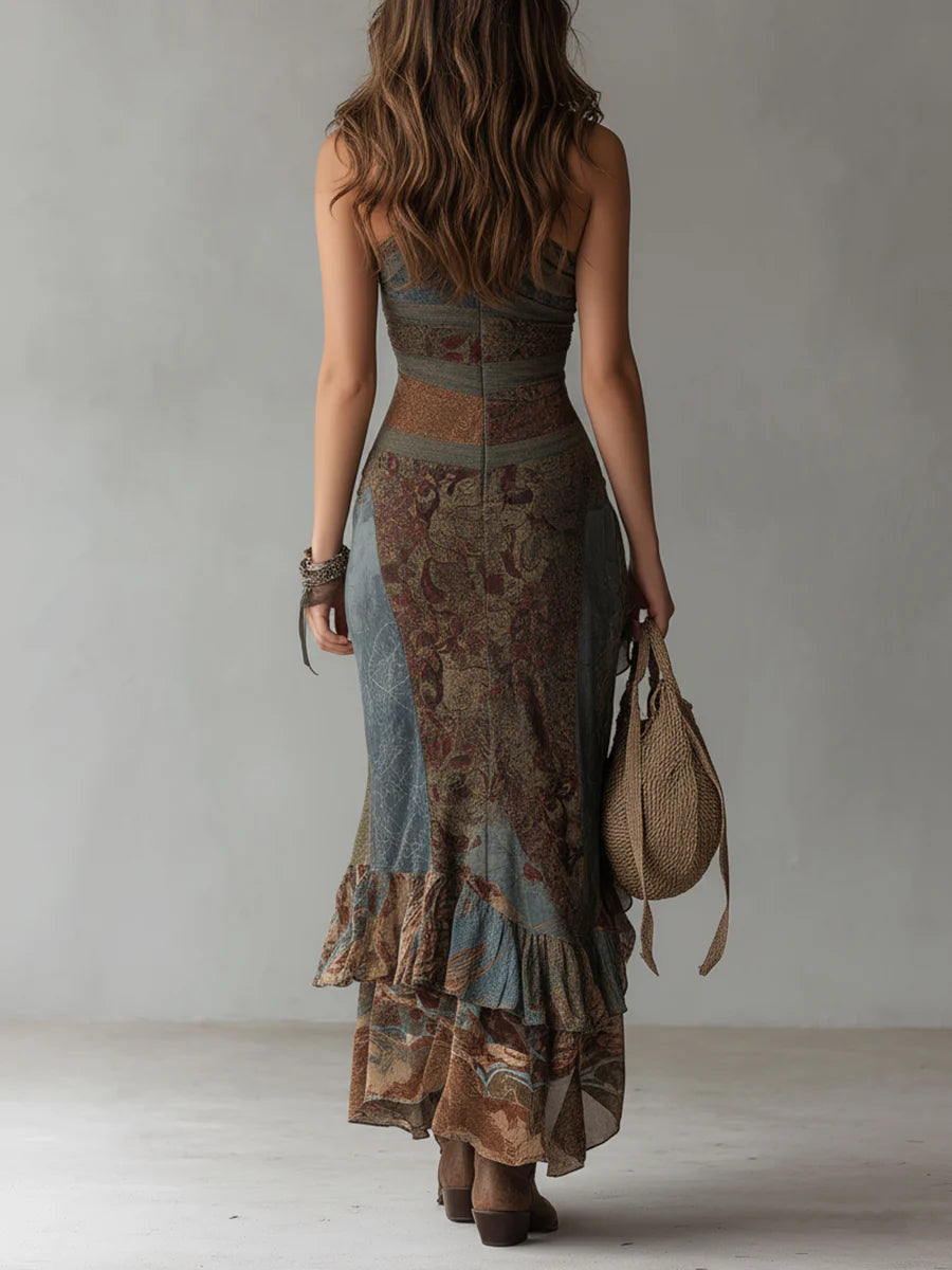 Elena | Robe longue asymétrique à imprimé ethnique et fente haute