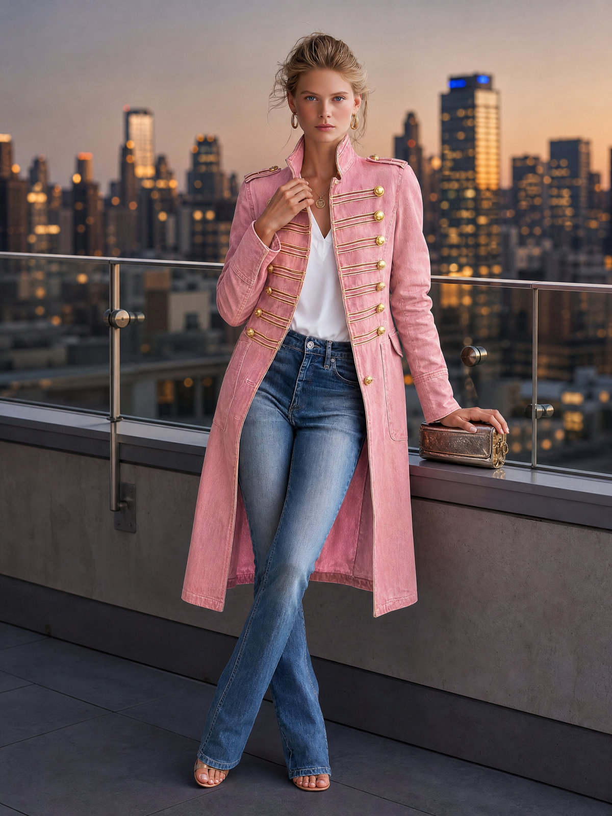 Manteau en jean long ajusté de style militaire avec boutons dorés