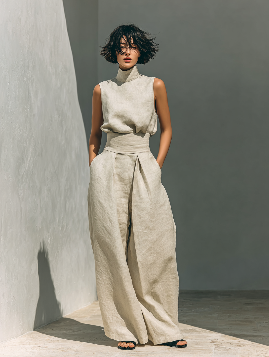 Maria - Ensemble minimaliste femme composé d’un t-shirt et d’un pantalon large en coton et lin