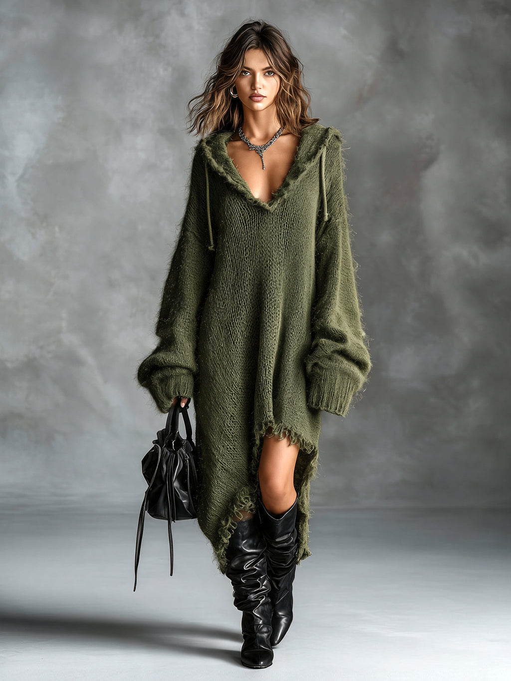 Robe midi en maille duveteuse à capuche