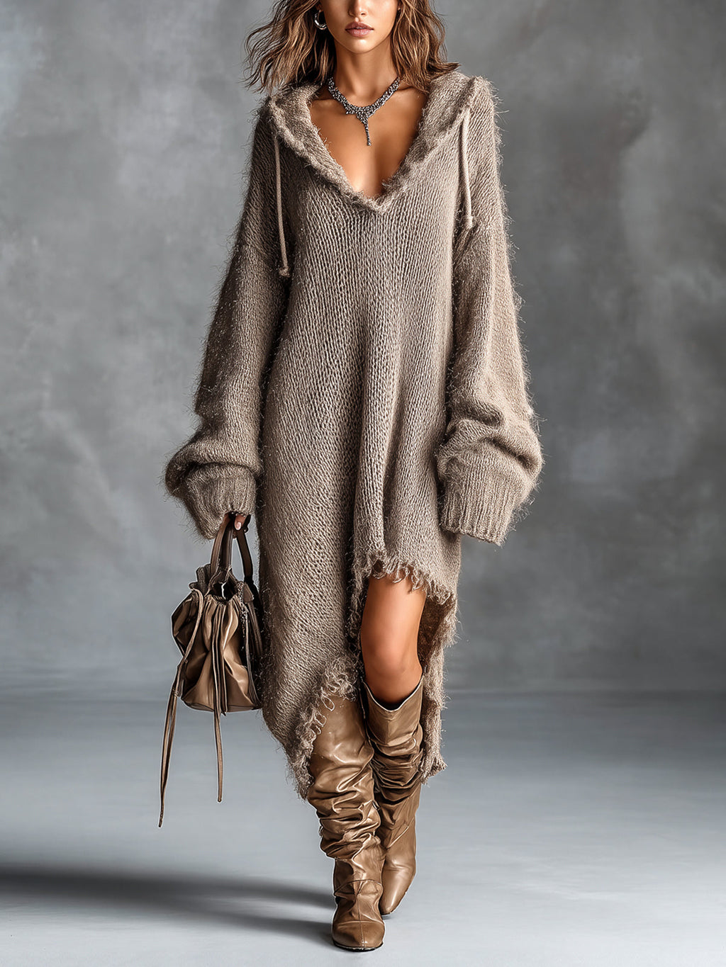 Robe midi en maille duveteuse à capuche