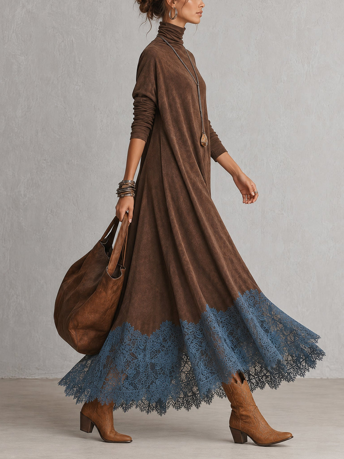 Robe longue vintage marron effet daim à manches longues et bas en dentelle