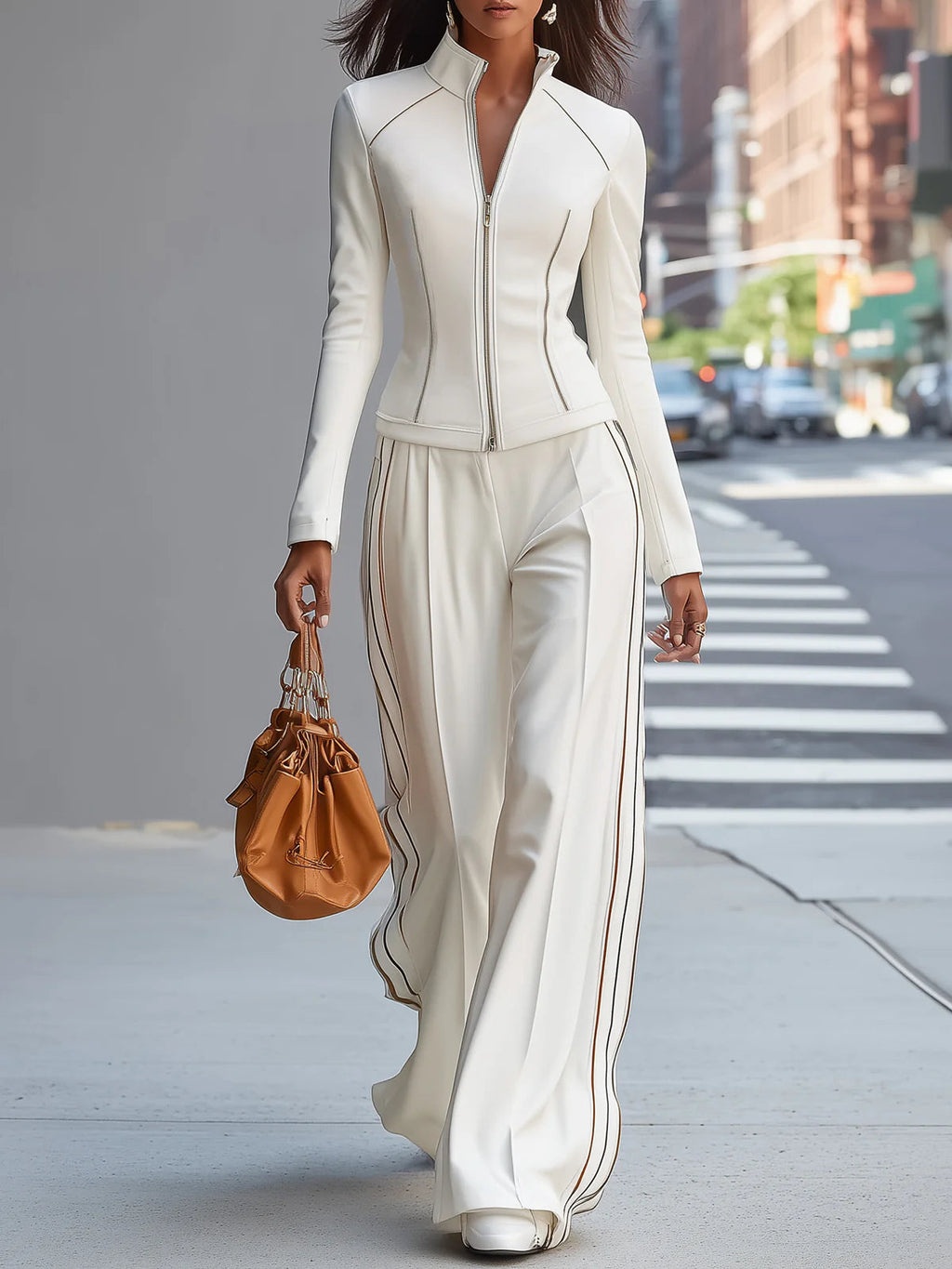 Ensemble blanc composé d’un col roulé zippé et d’un pantalon à jambes larges