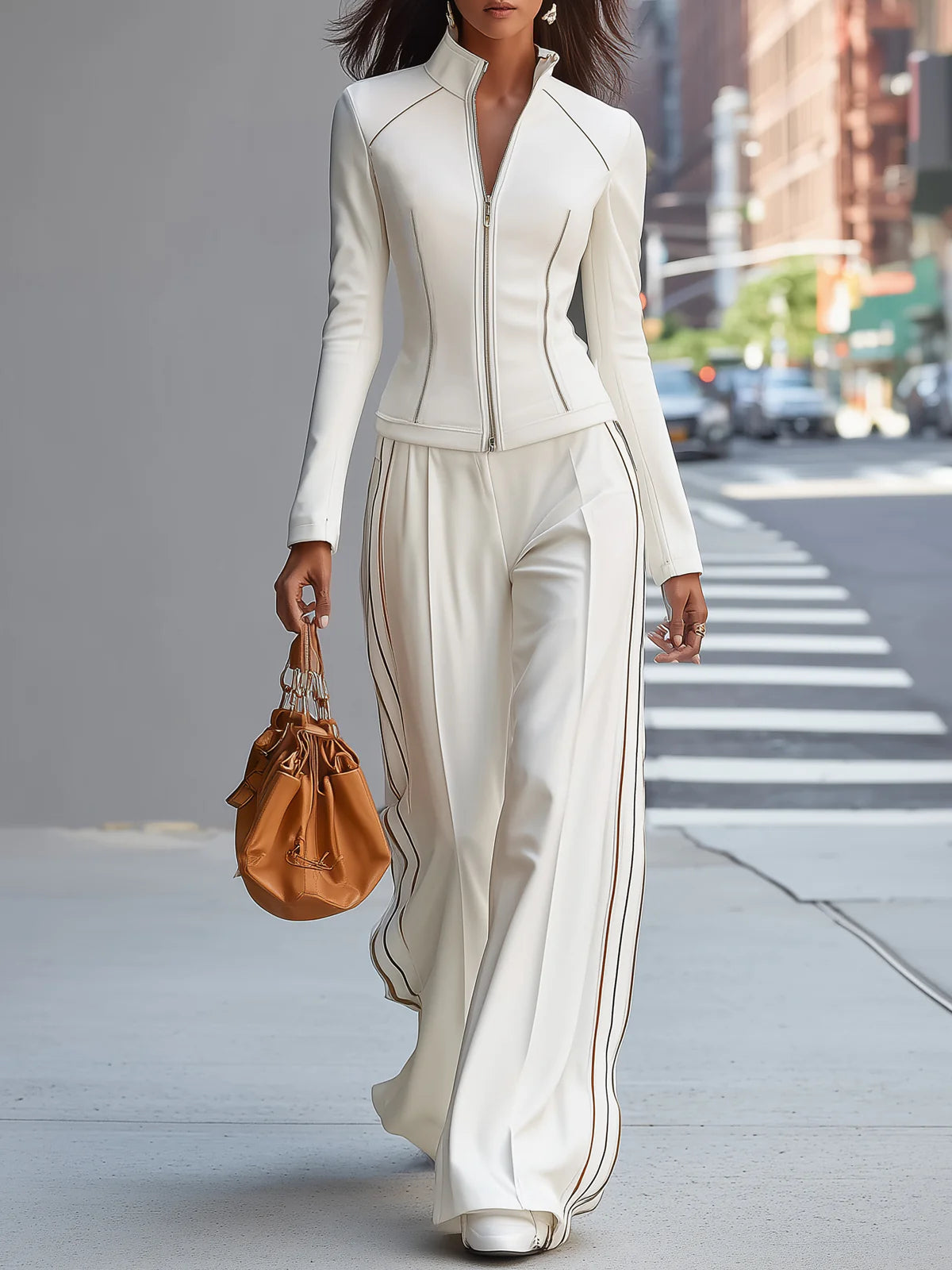 Ensemble blanc composé d’un col roulé zippé et d’un pantalon à jambes larges