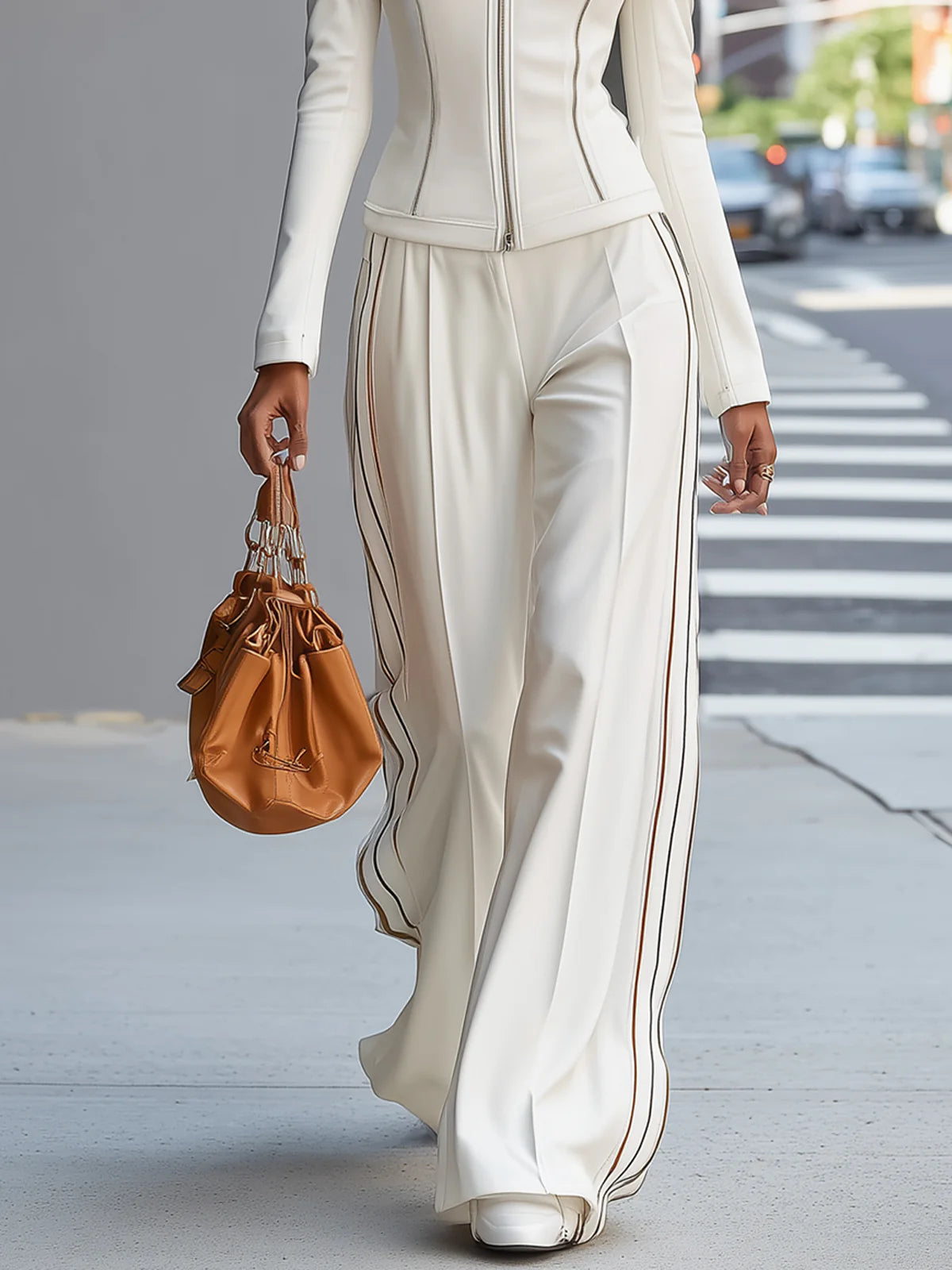 Ensemble blanc composé d’un col roulé zippé et d’un pantalon à jambes larges
