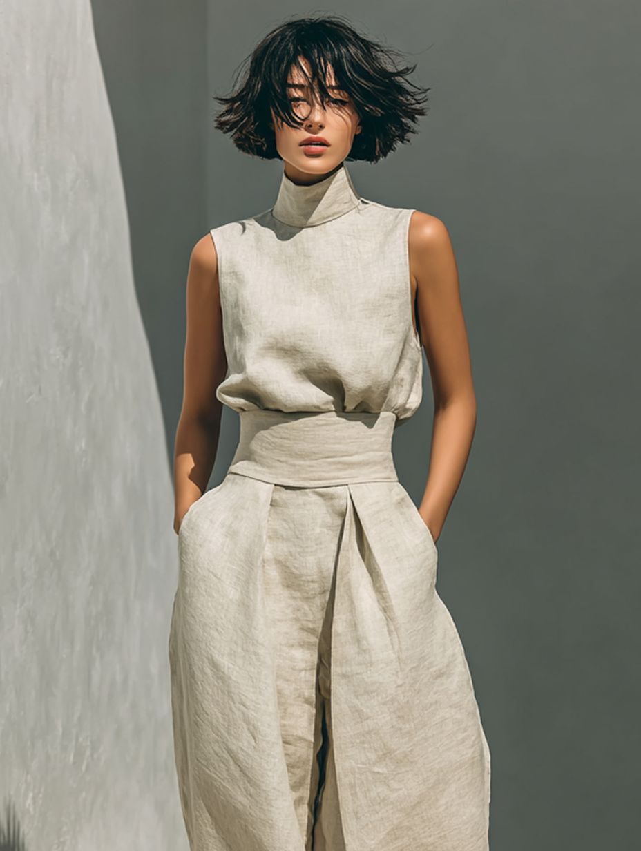 Maria - Ensemble minimaliste femme composé d’un t-shirt et d’un pantalon large en coton et lin