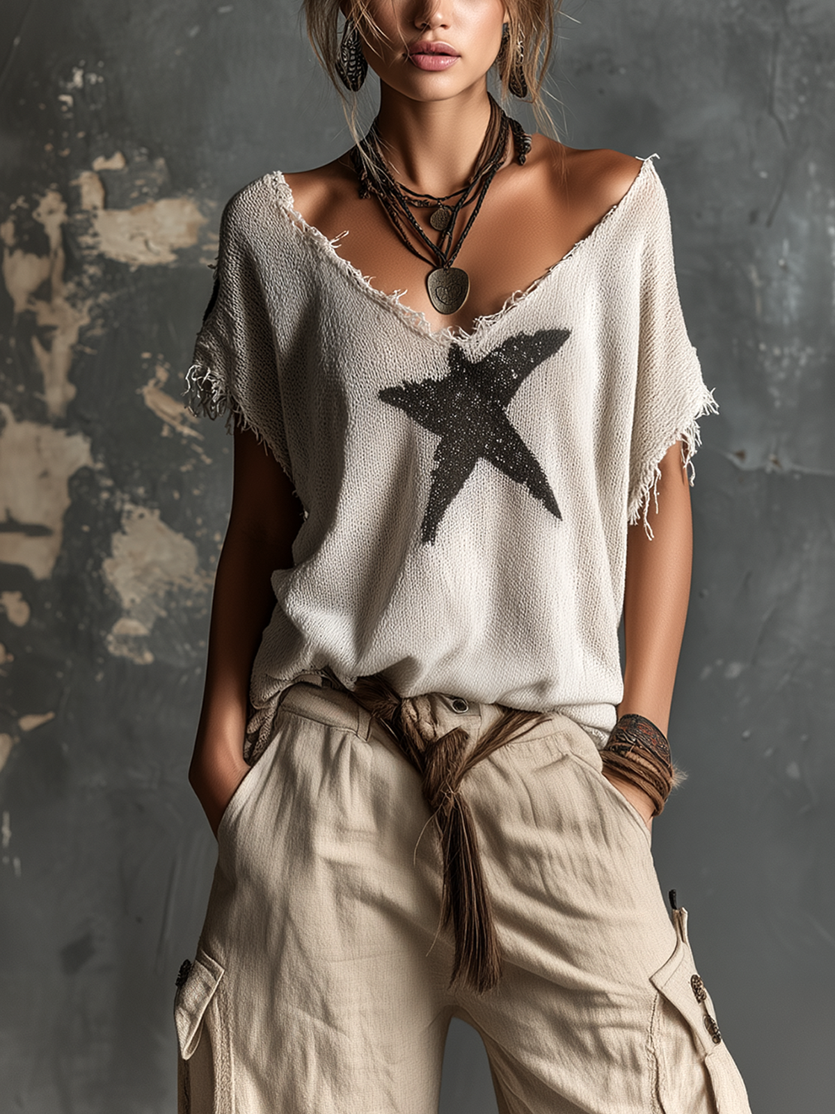 Pull blanc en maille à étoiles et col en V
