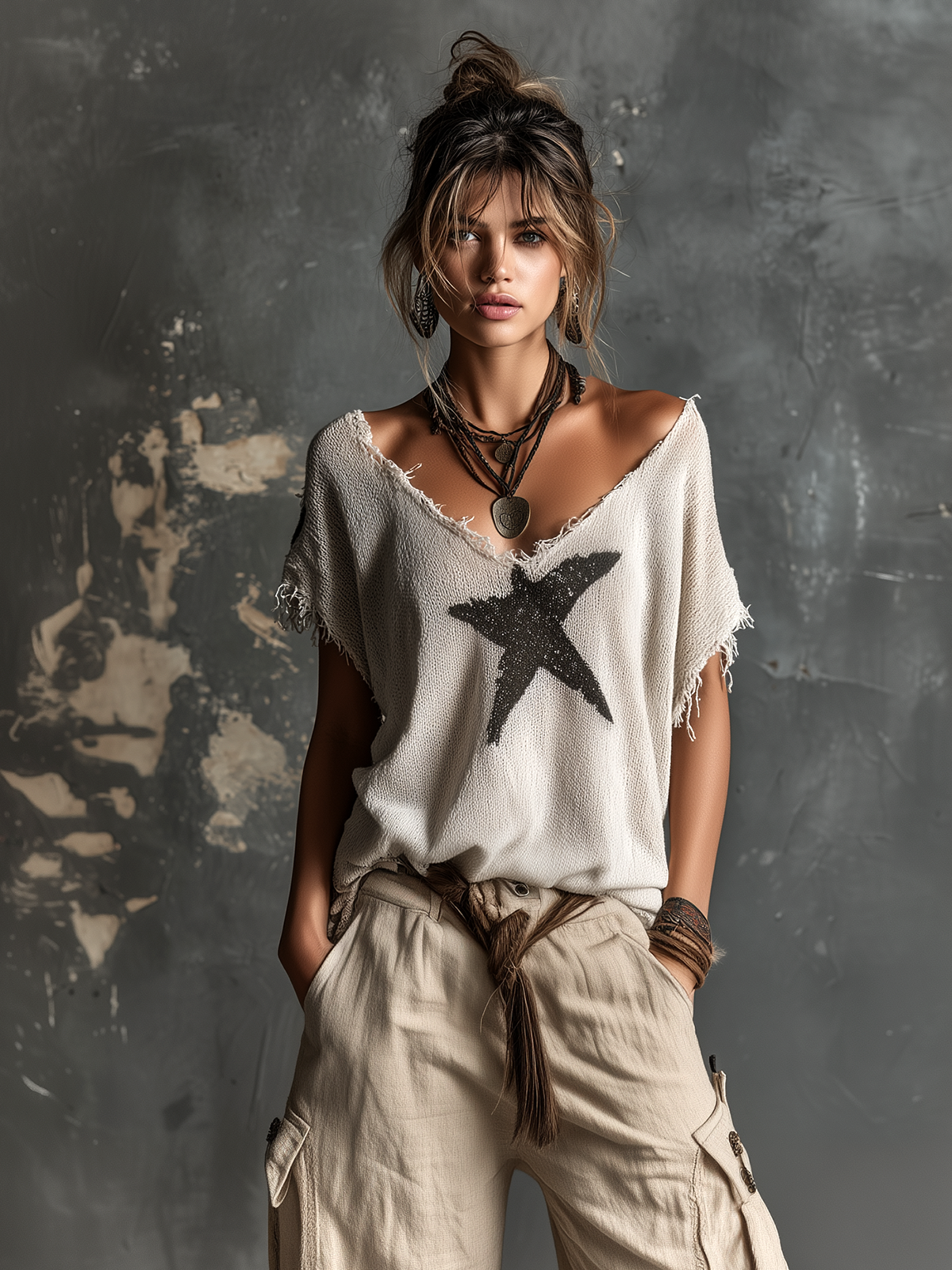 Pull blanc en maille à étoiles et col en V