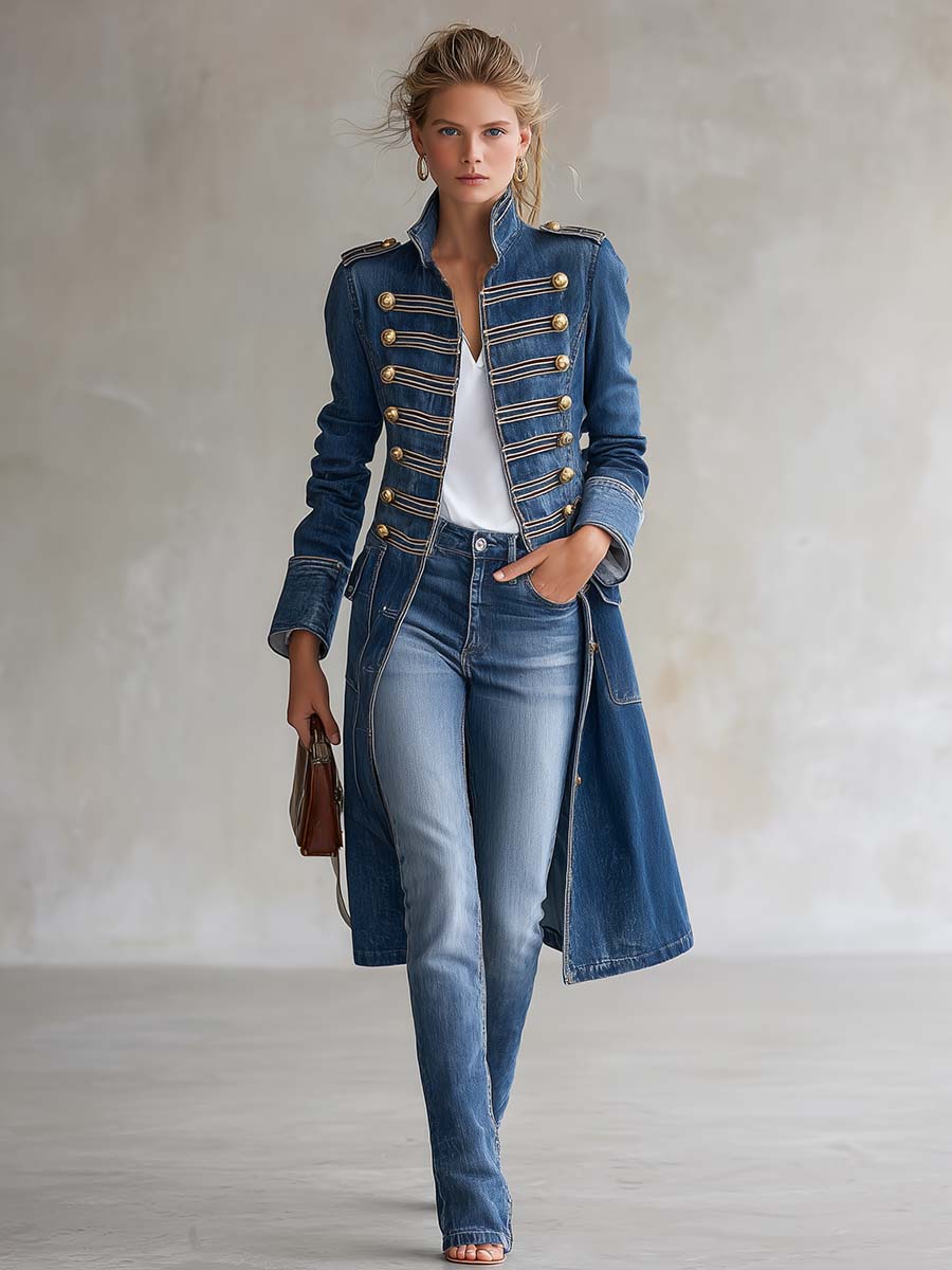 Manteau en jean long ajusté de style militaire avec boutons dorés