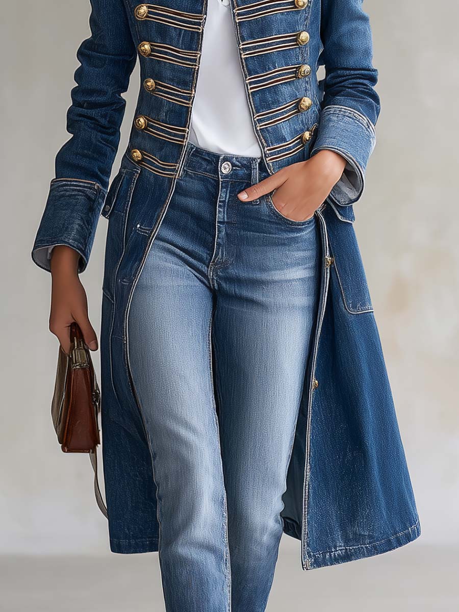 Manteau en jean long ajusté de style militaire avec boutons dorés