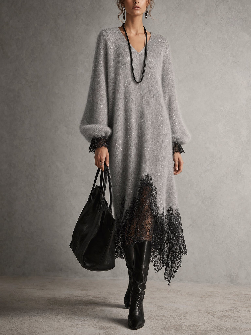 Robe midi grise en maille brillante avec ourlet en dentelle
