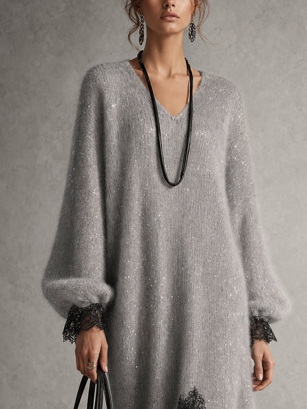 Robe midi grise en maille avec ourlet en dentelle