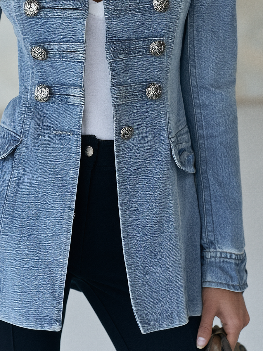 Manteau en jean bleu de style militaire à double boutonnage