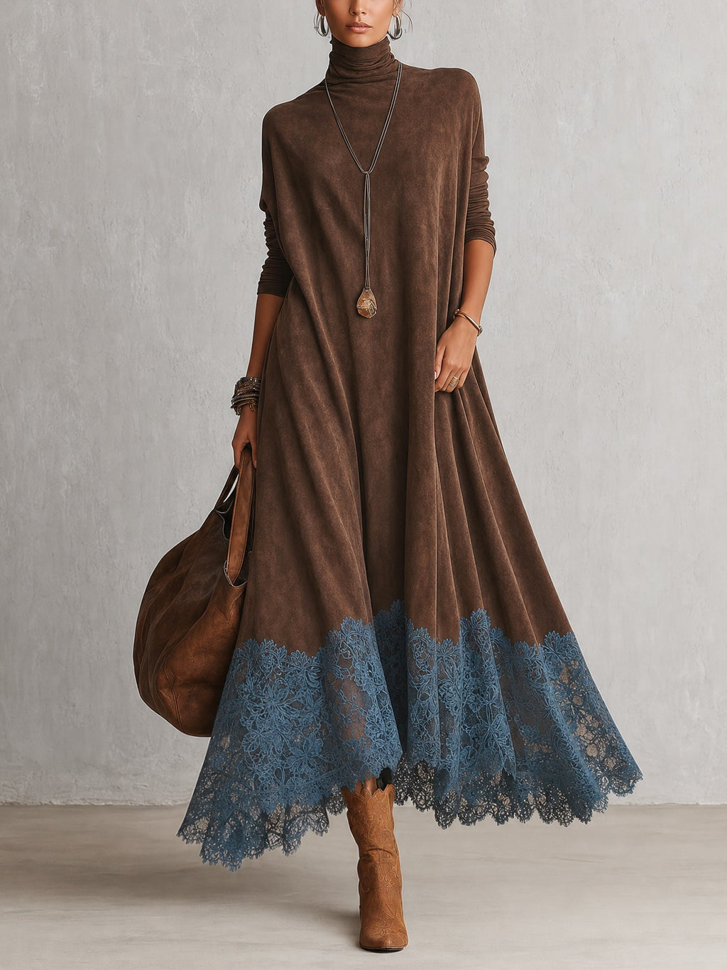 Robe longue vintage marron effet daim à manches longues et bas en dentelle