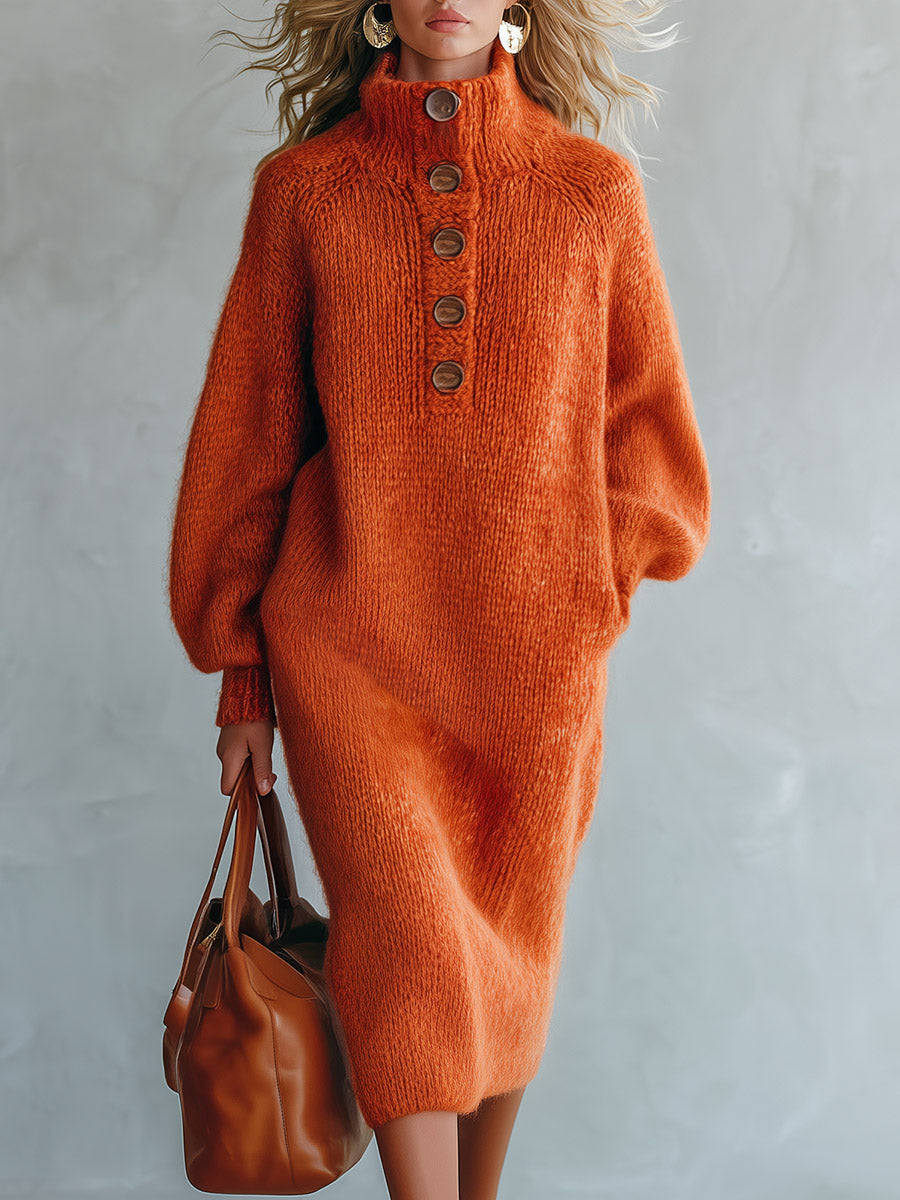 Vestido midi naranja de punto efecto mohair con cuello alto y botones de estilo retro