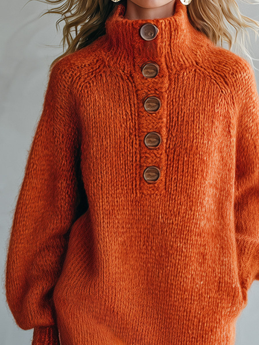 Vestido midi naranja de punto efecto mohair con cuello alto y botones de estilo retro