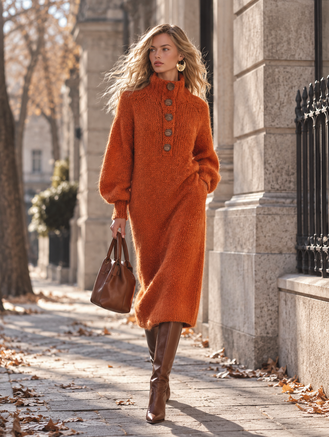 Vestido midi naranja de punto efecto mohair con cuello alto y botones de estilo retro