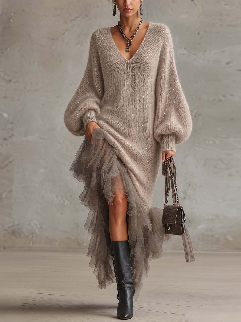 Robe midi en maille de mohair et jupe en tulle transparent