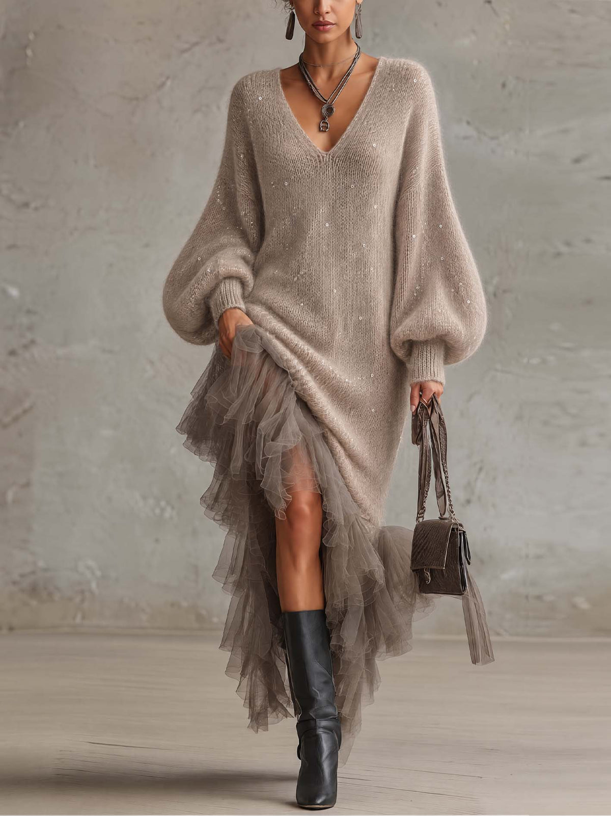 Robe midi en maille de mohair et jupe en tulle transparent