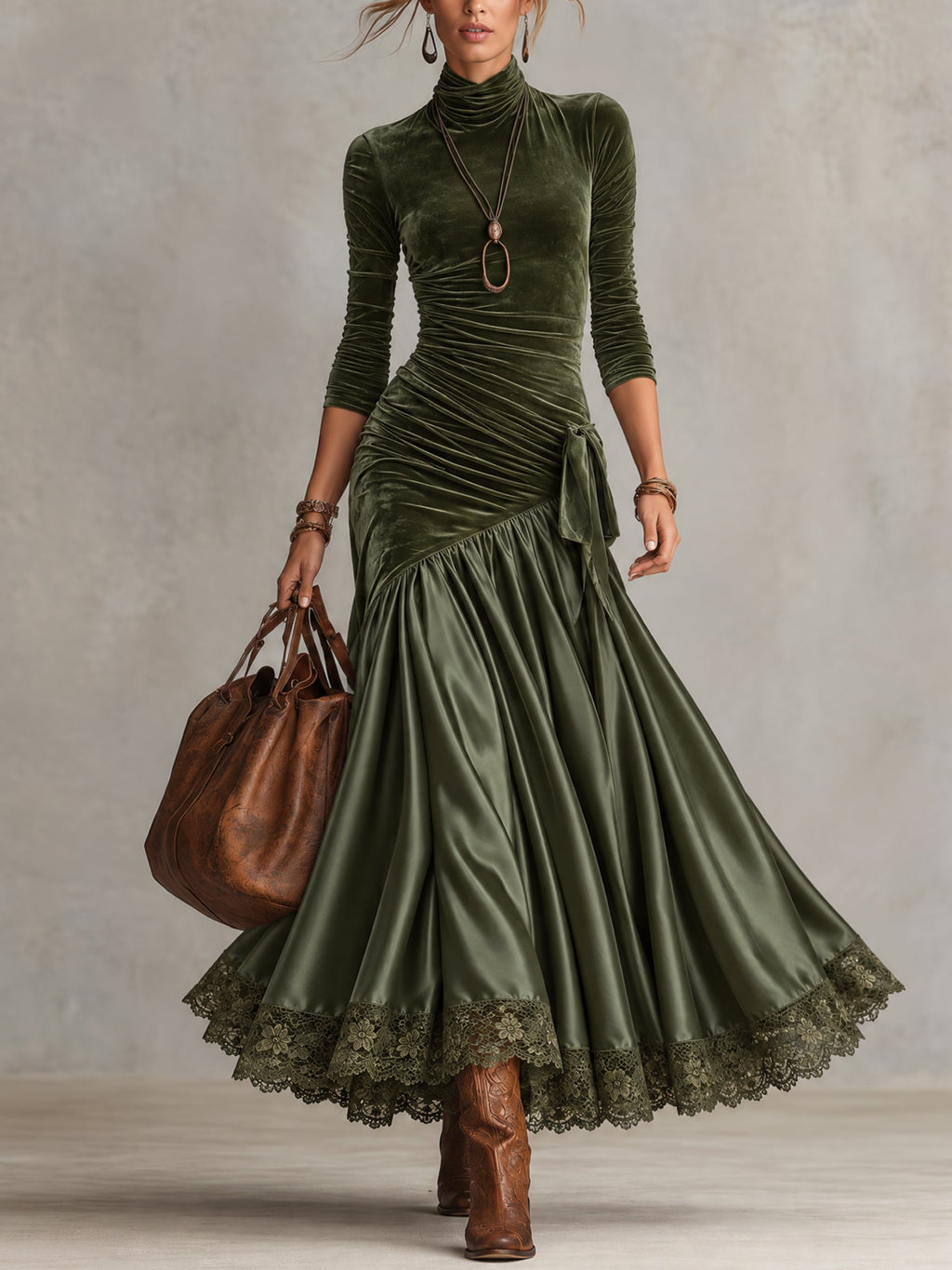 Robe longue vert olive en velours stretch et satin avec bas en dentelle