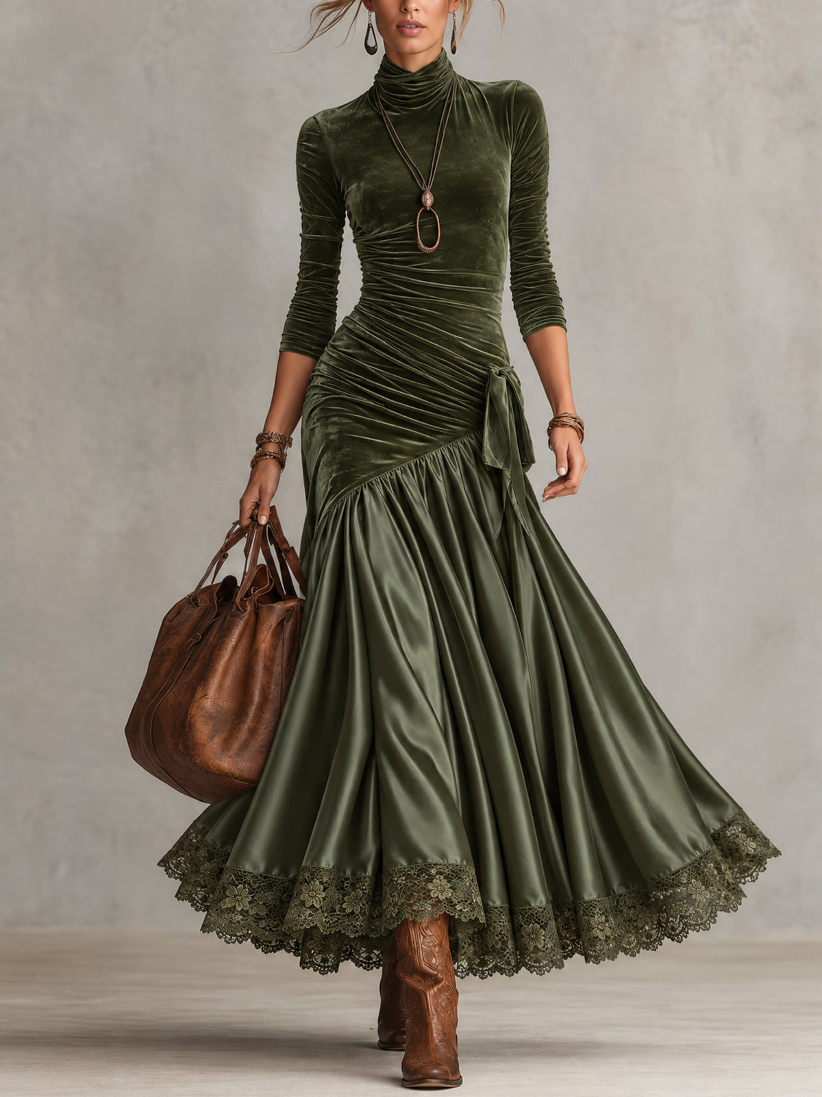 Robe longue vert olive en velours stretch et satin avec bas en dentelle