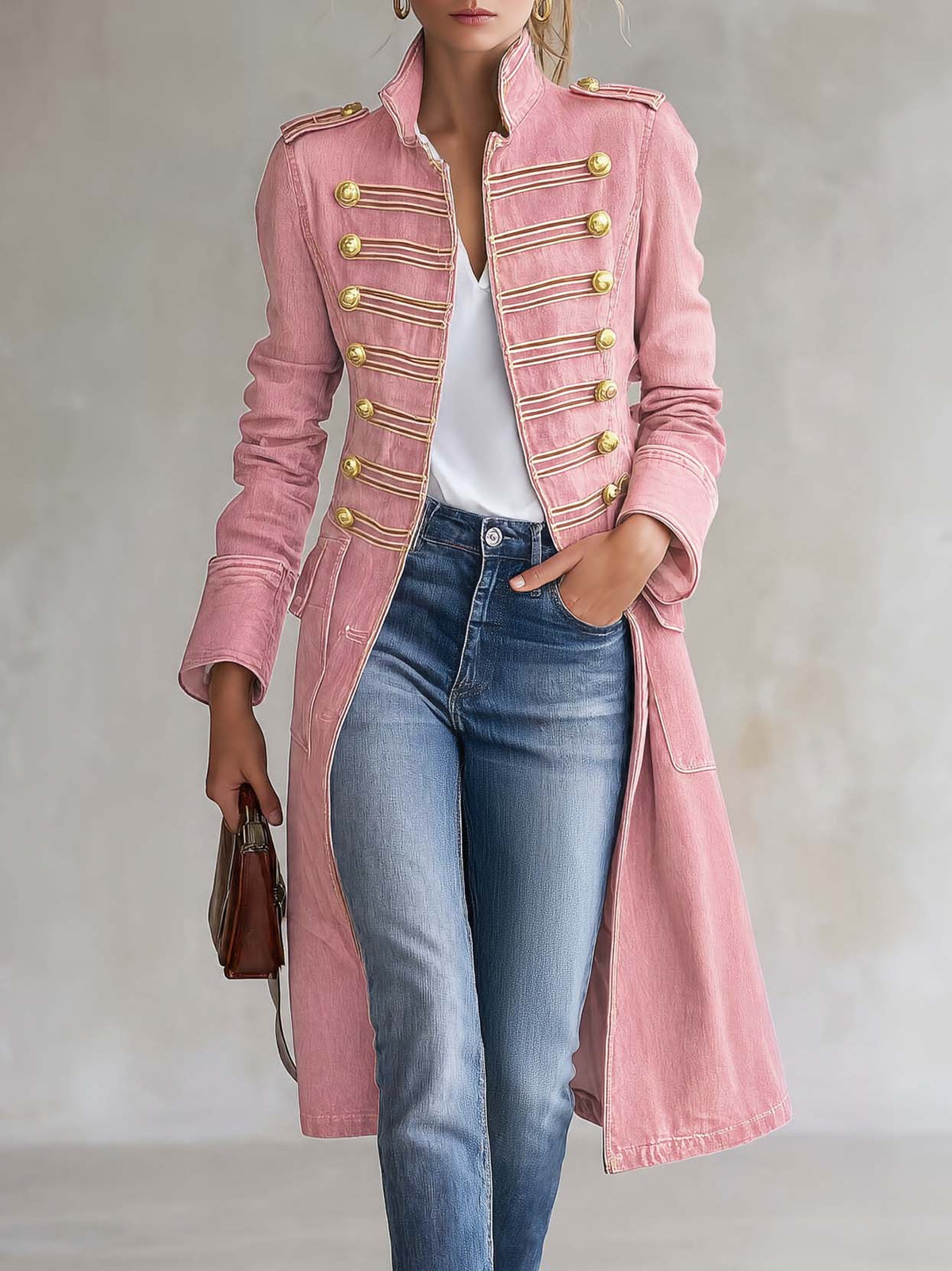Manteau en jean long ajusté de style militaire avec boutons dorés