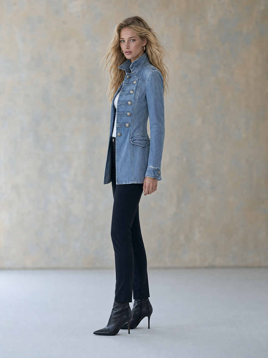 Manteau en jean bleu de style militaire à double boutonnage