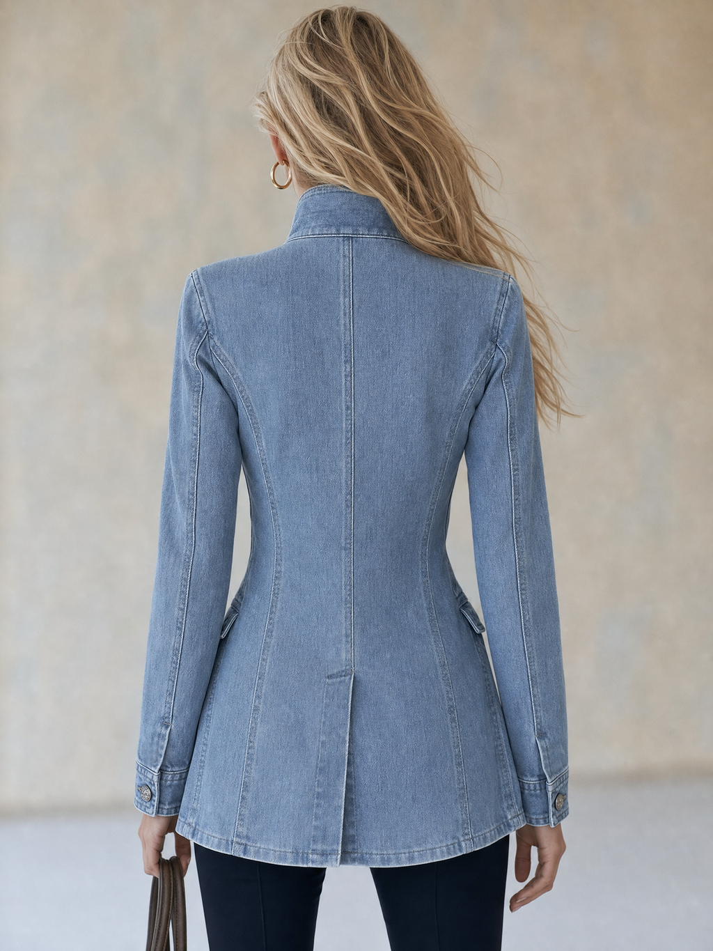 Manteau en jean bleu de style militaire à double boutonnage