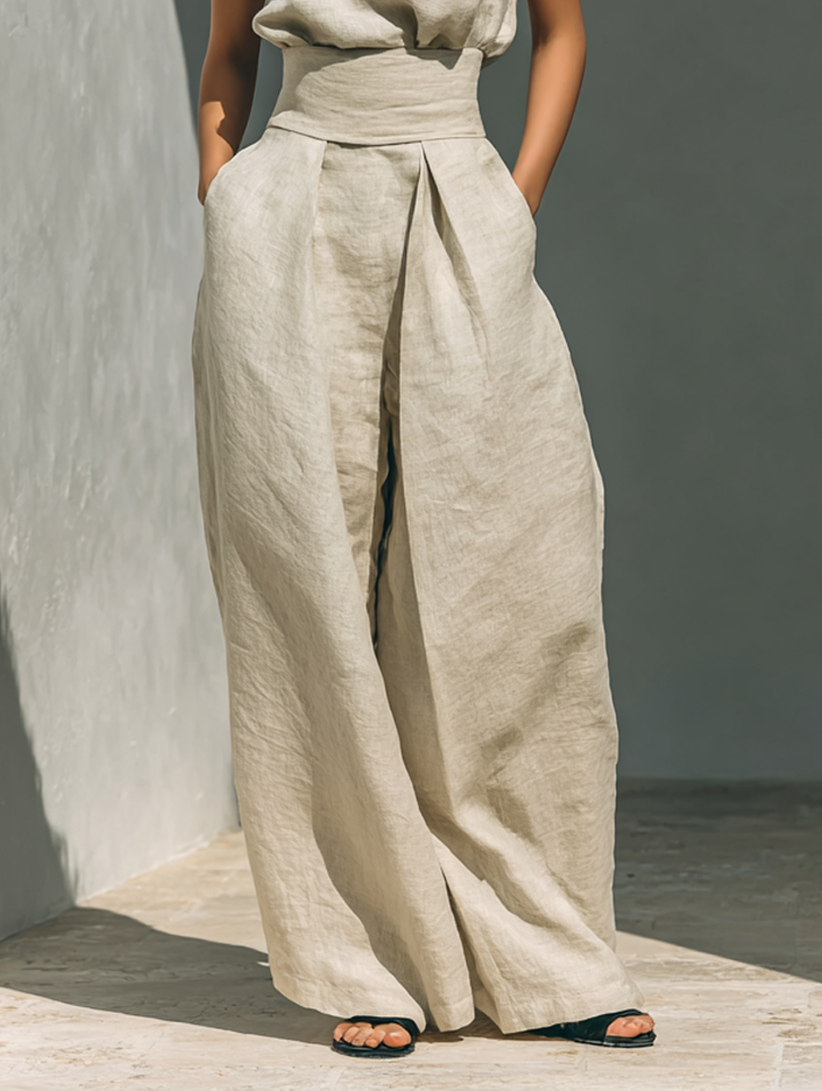 Maria - Ensemble minimaliste femme composé d’un t-shirt et d’un pantalon large en coton et lin
