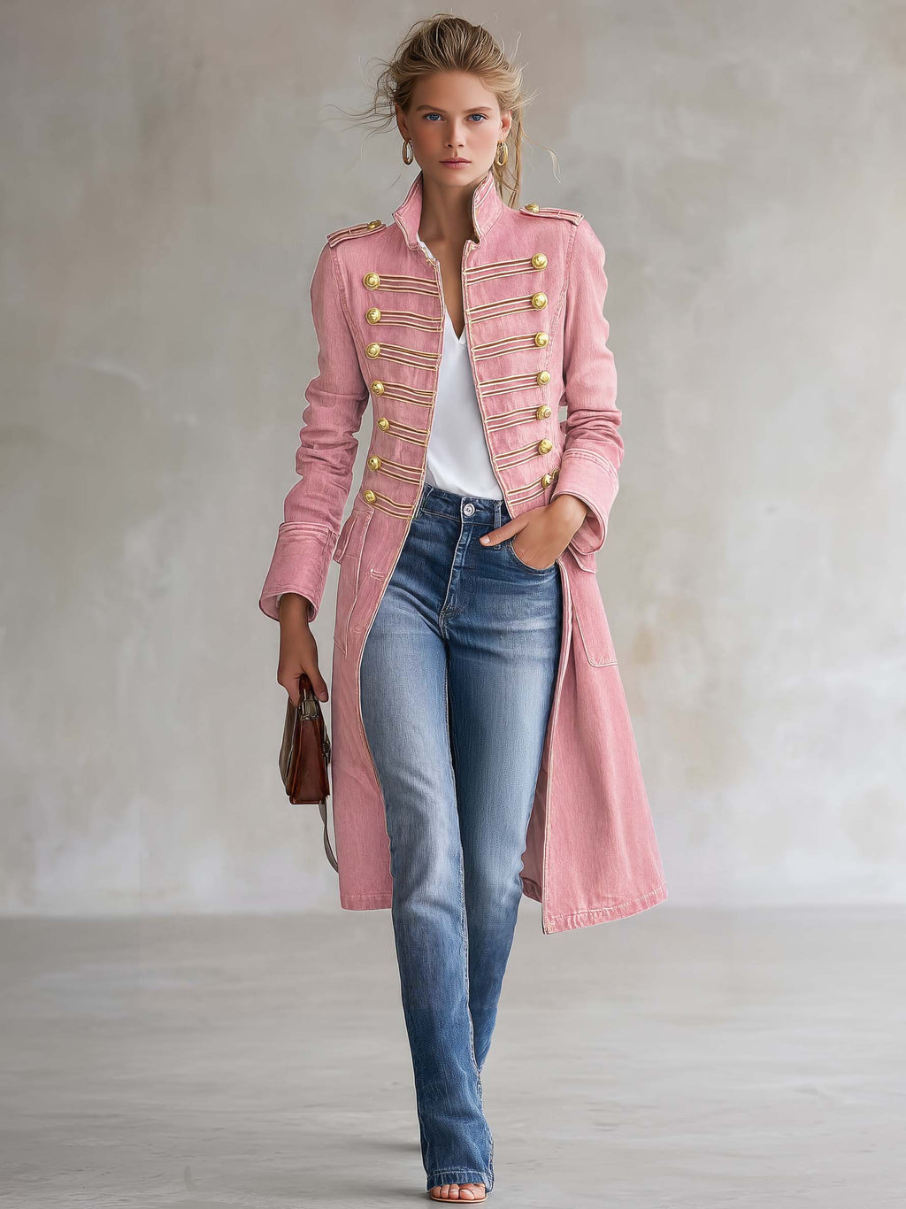 Manteau en jean long ajusté de style militaire avec boutons dorés