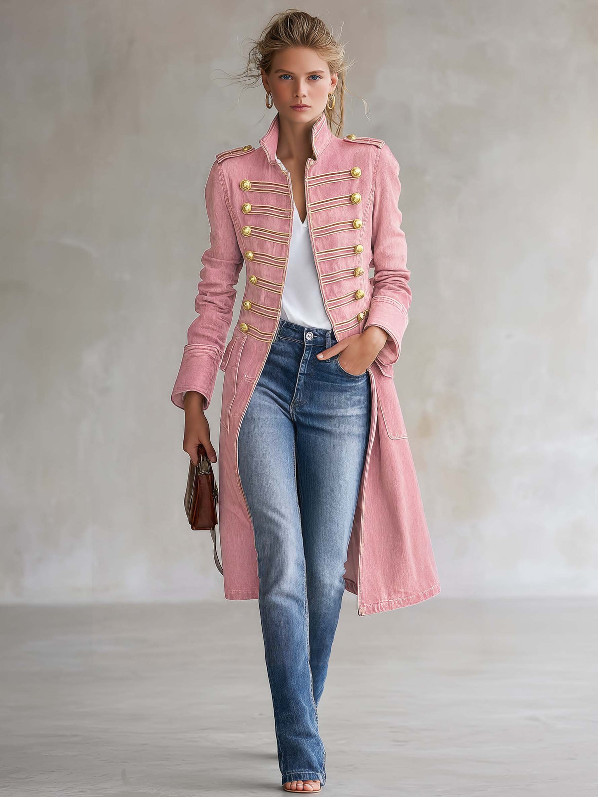Manteau en jean long ajusté de style militaire avec boutons dorés