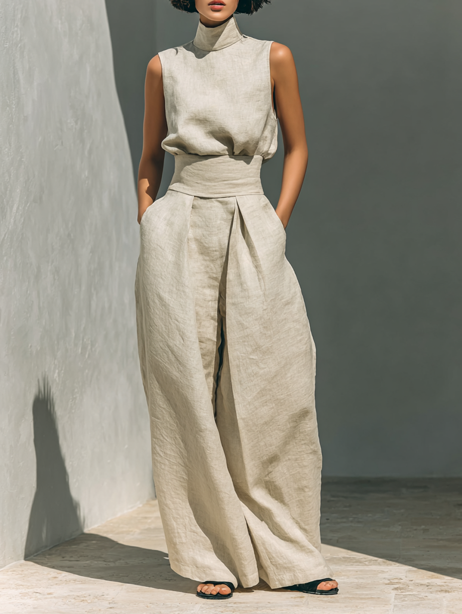 Maria - Ensemble minimaliste femme composé d’un t-shirt et d’un pantalon large en coton et lin