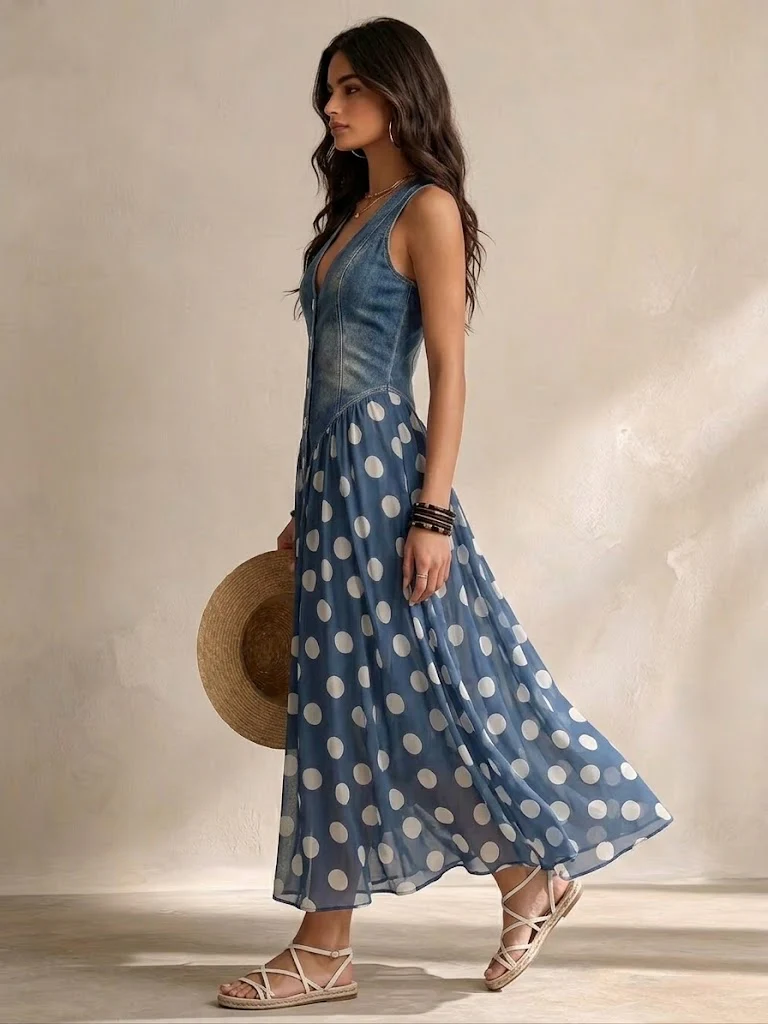 Adeline | Robe longue en jean à pois