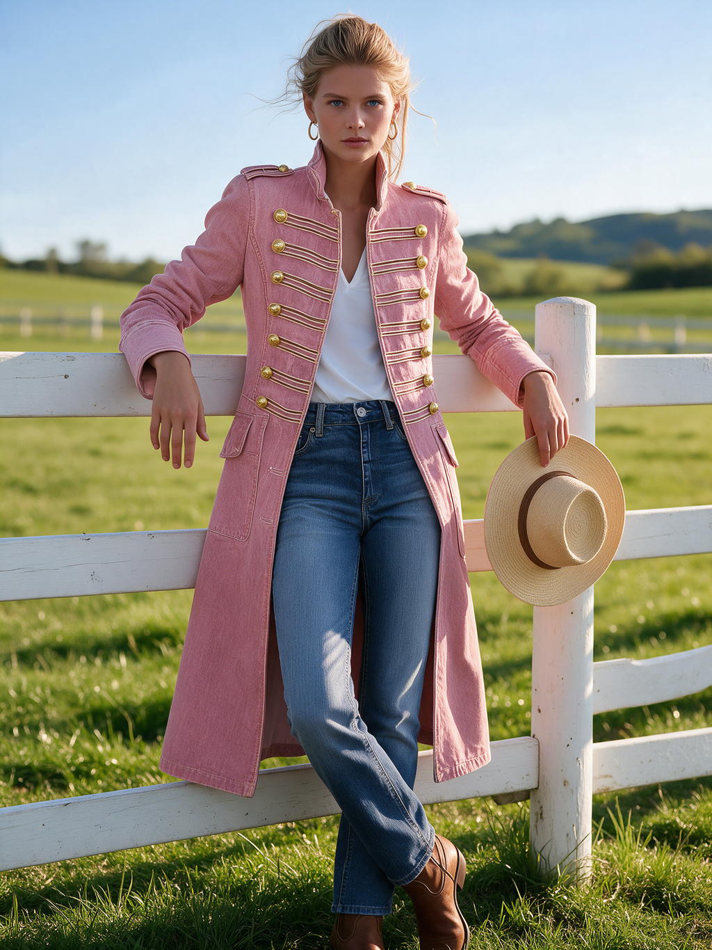 Manteau en jean long ajusté de style militaire avec boutons dorés