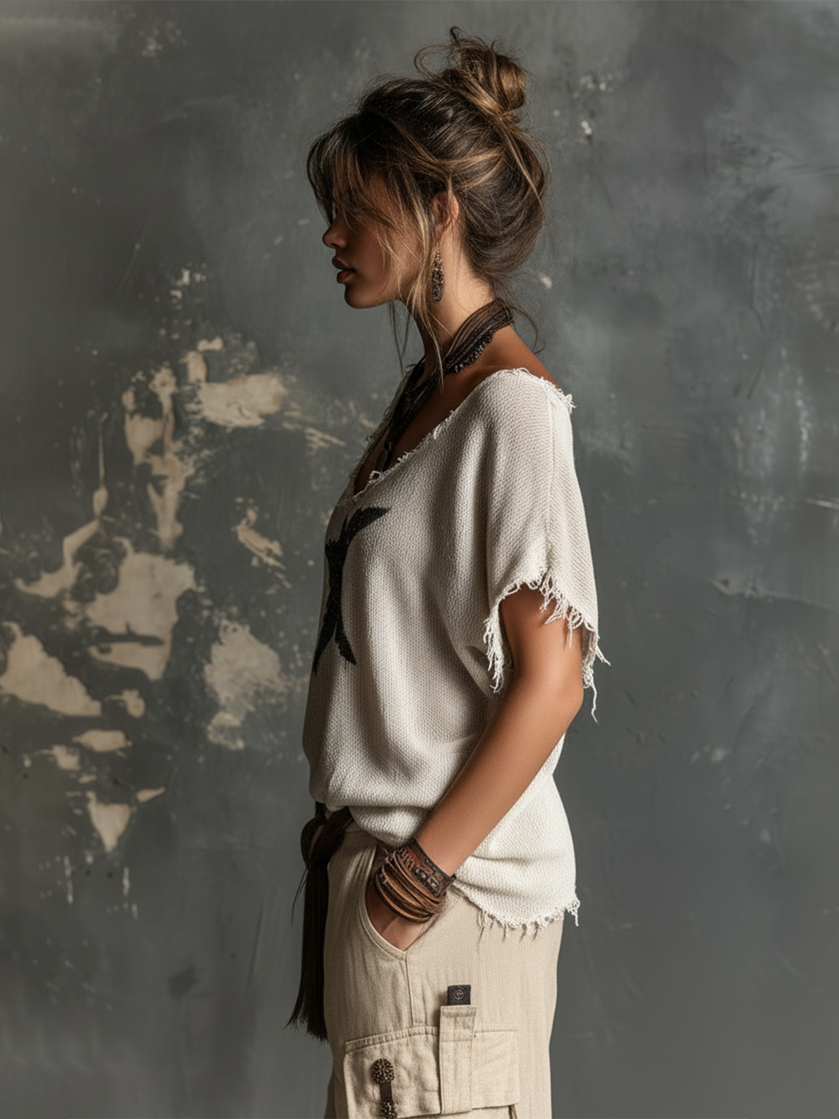 Pull blanc en maille à étoiles et col en V