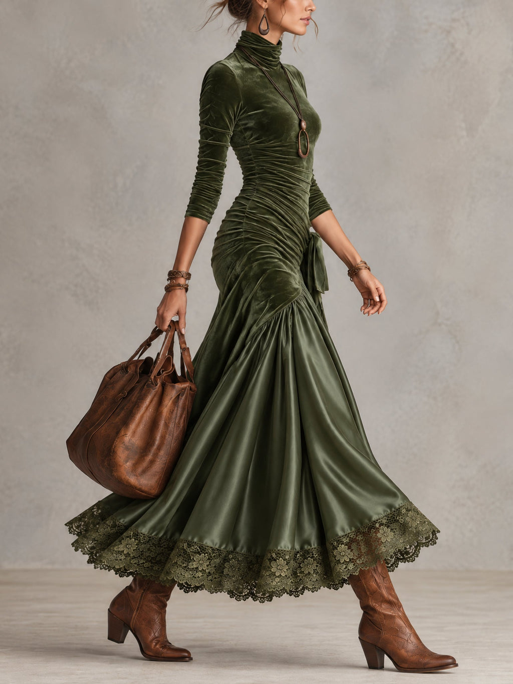 Robe longue vert olive en velours stretch et satin avec bas en dentelle