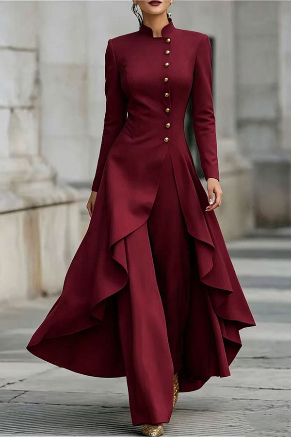 Jemma | Ensemble composé d’un haut à col roulé, manches longues et ourlet asymétrique avec boutons, et d’un pantalon à jambes larges
