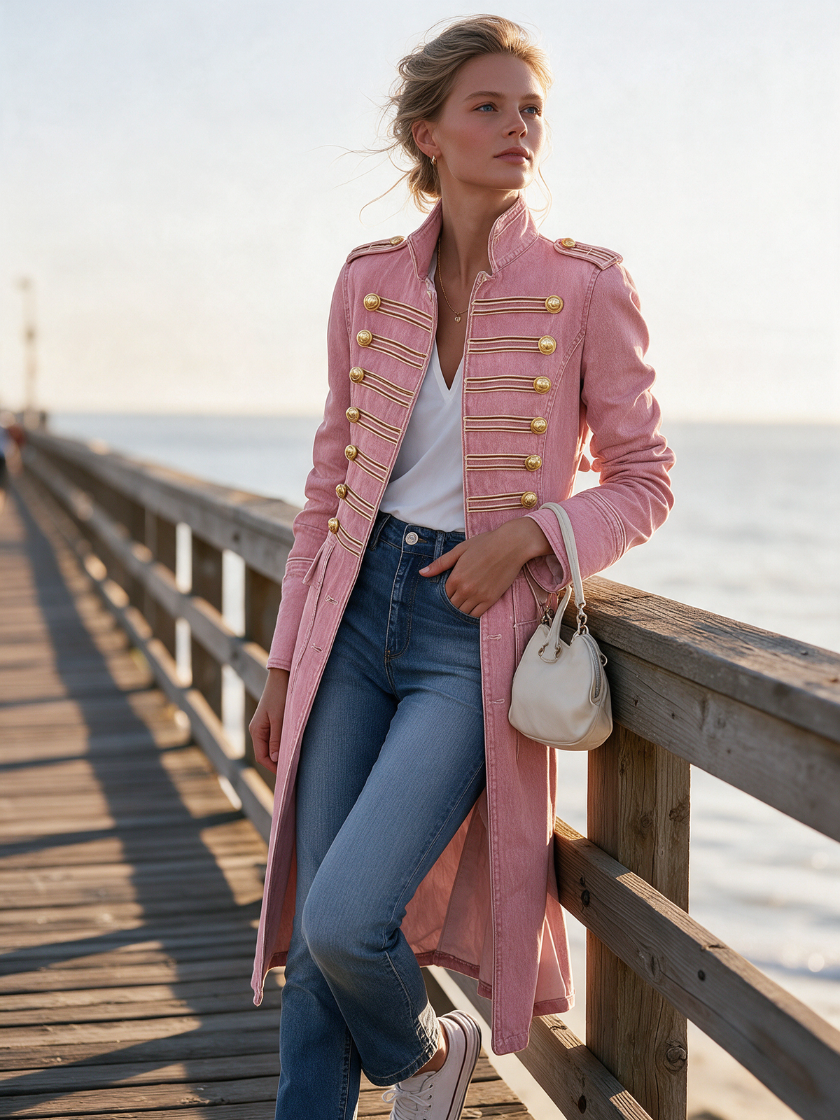 Manteau en jean long ajusté de style militaire avec boutons dorés