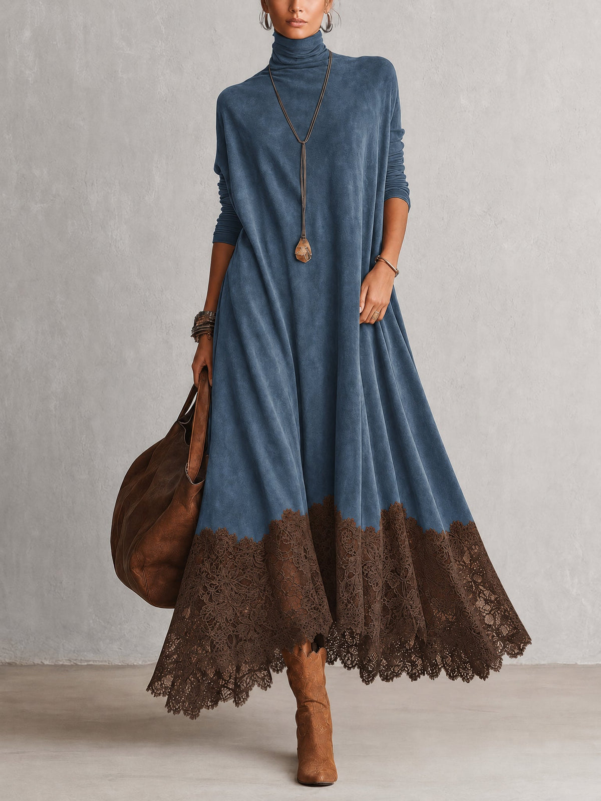Robe longue vintage marron effet daim à manches longues et bas en dentelle