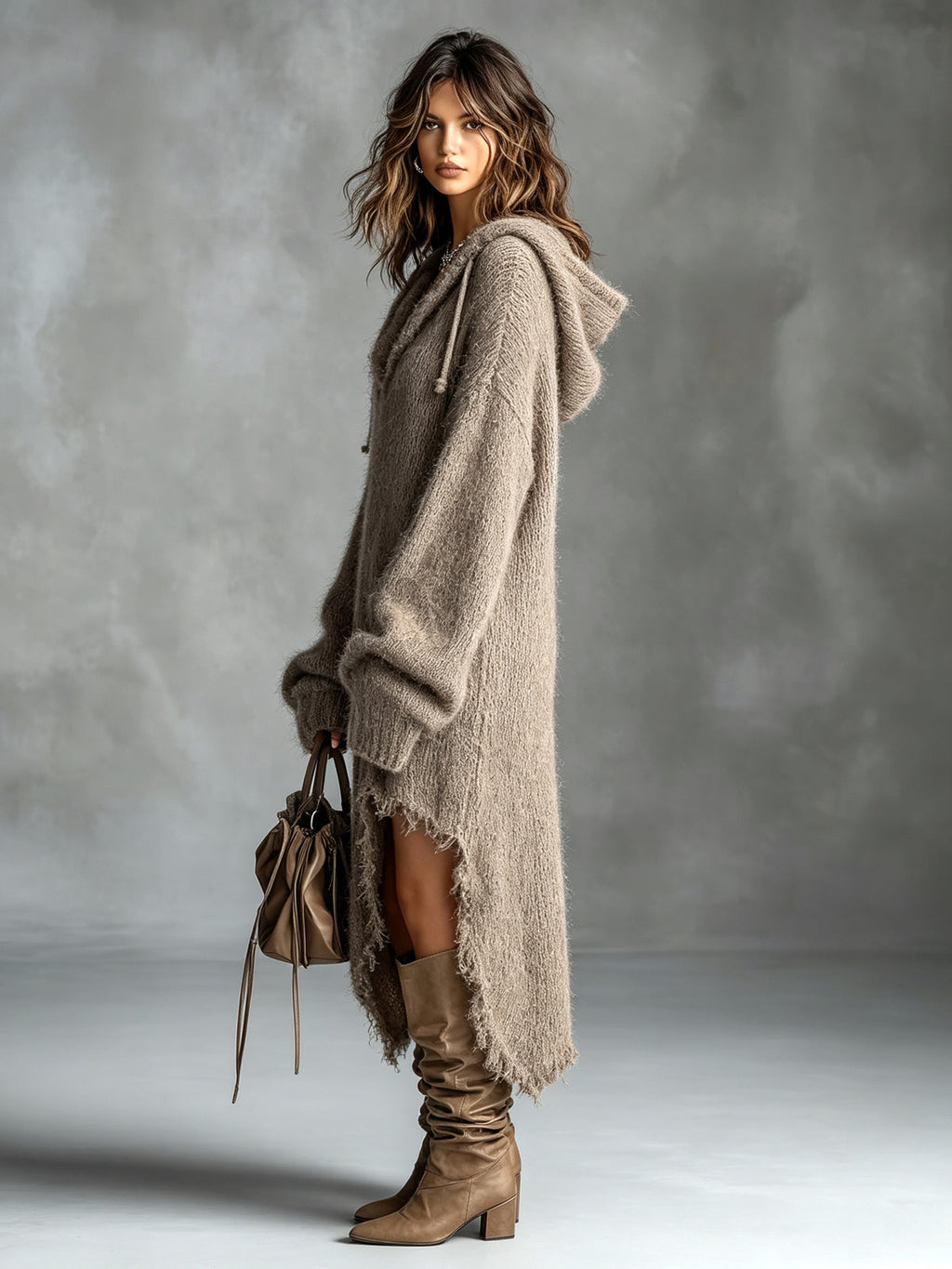 Robe midi en maille duveteuse à capuche