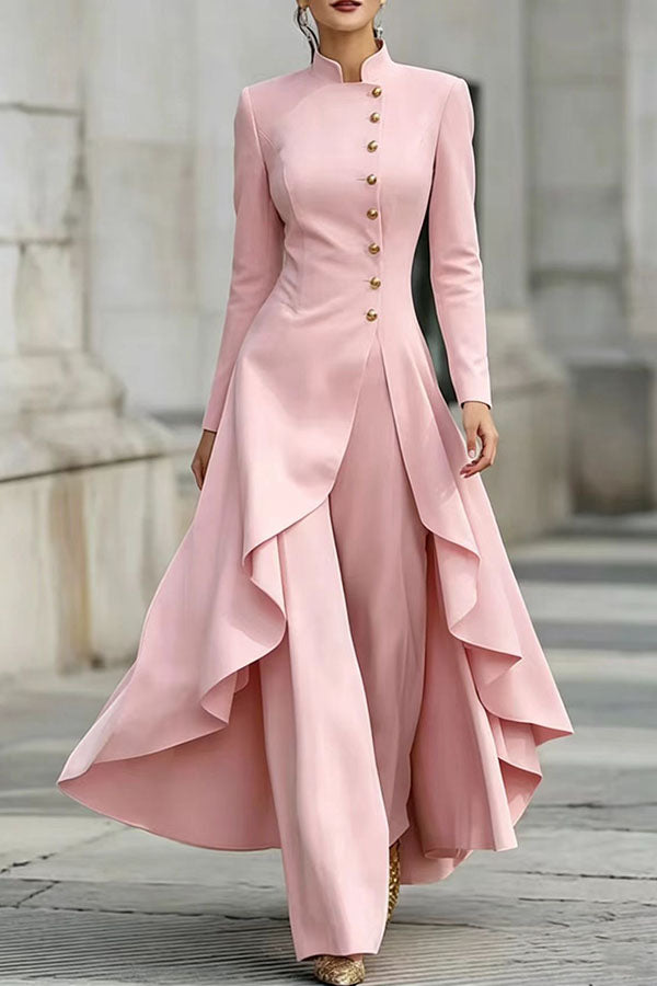 Jemma | Ensemble composé d’un haut à col roulé, manches longues et ourlet asymétrique avec boutons, et d’un pantalon à jambes larges