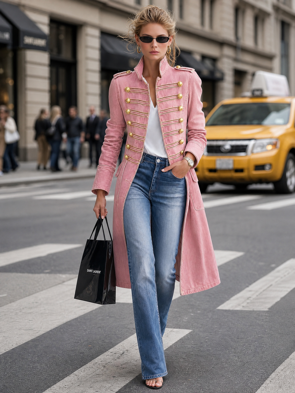 Manteau en jean long ajusté de style militaire avec boutons dorés