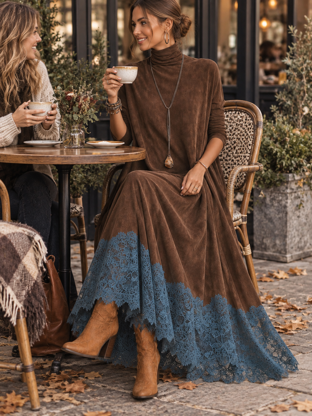 Robe longue vintage marron effet daim à manches longues et bas en dentelle