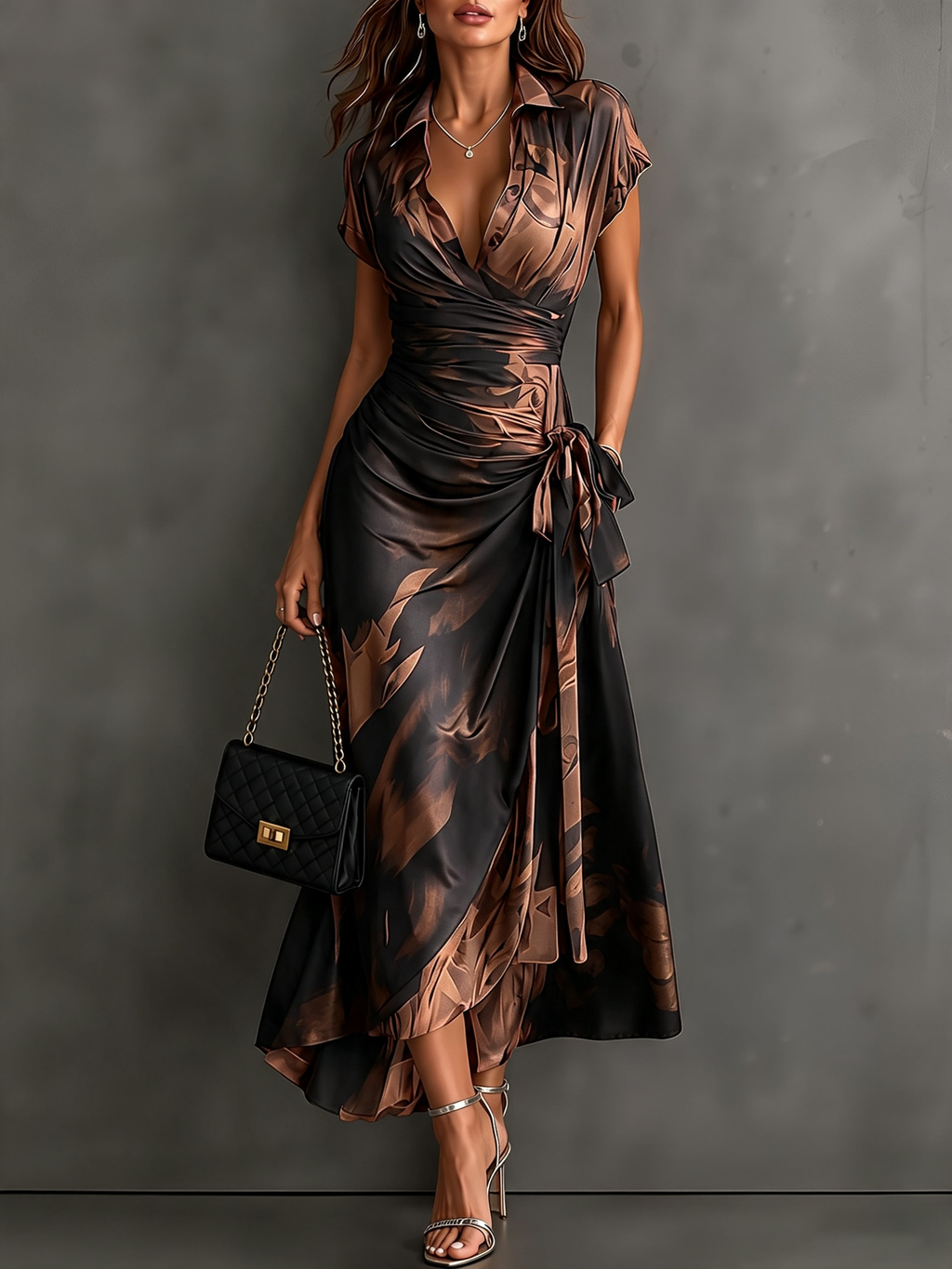 Robe midi portefeuille à imprimé abstrait marron et noir
