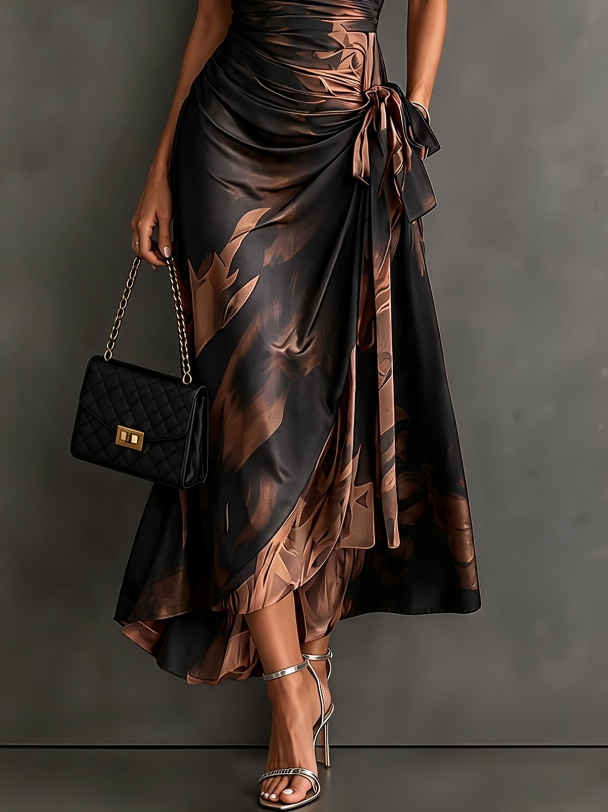 Robe midi portefeuille à imprimé abstrait marron et noir