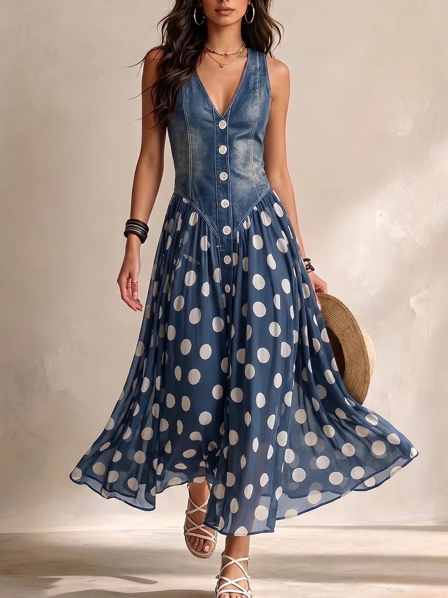 Adeline | Robe longue en jean à pois