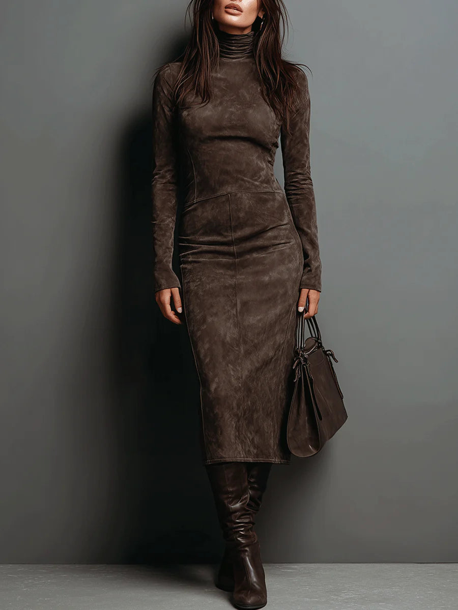 Lorène | Robe midi marron effet daim