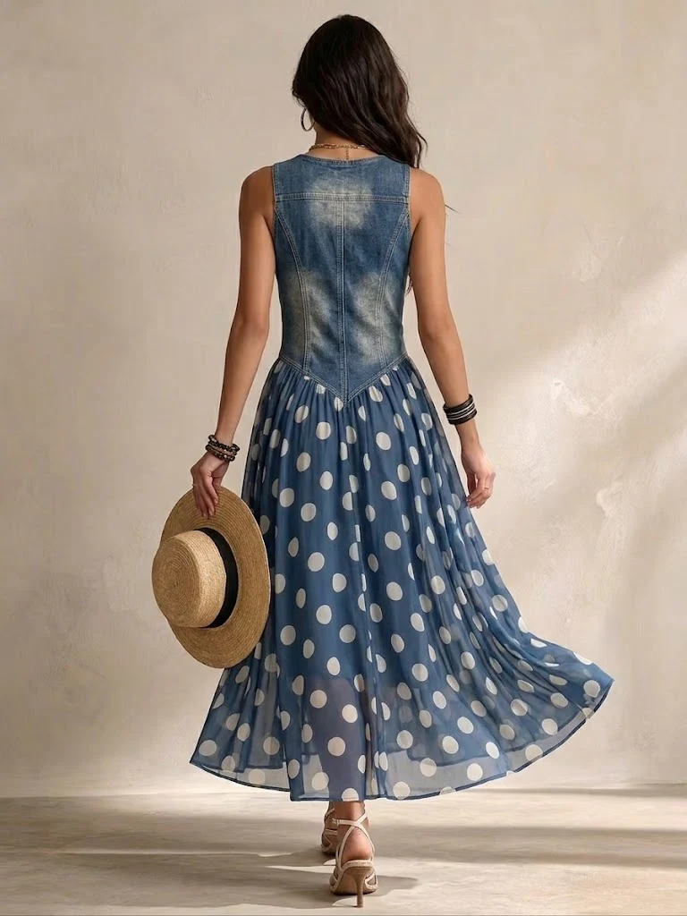 Adeline | Robe longue en jean à pois