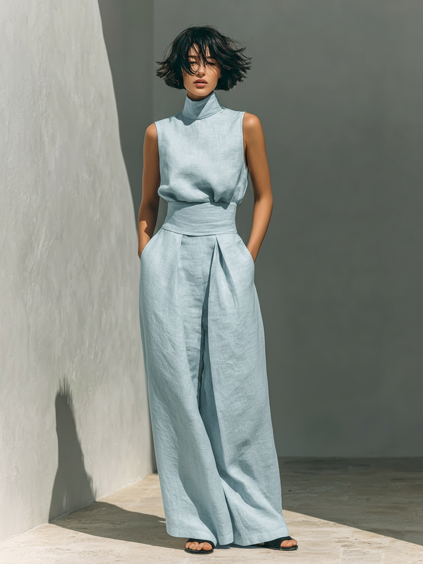Maria - Ensemble minimaliste femme composé d’un t-shirt et d’un pantalon large en coton et lin