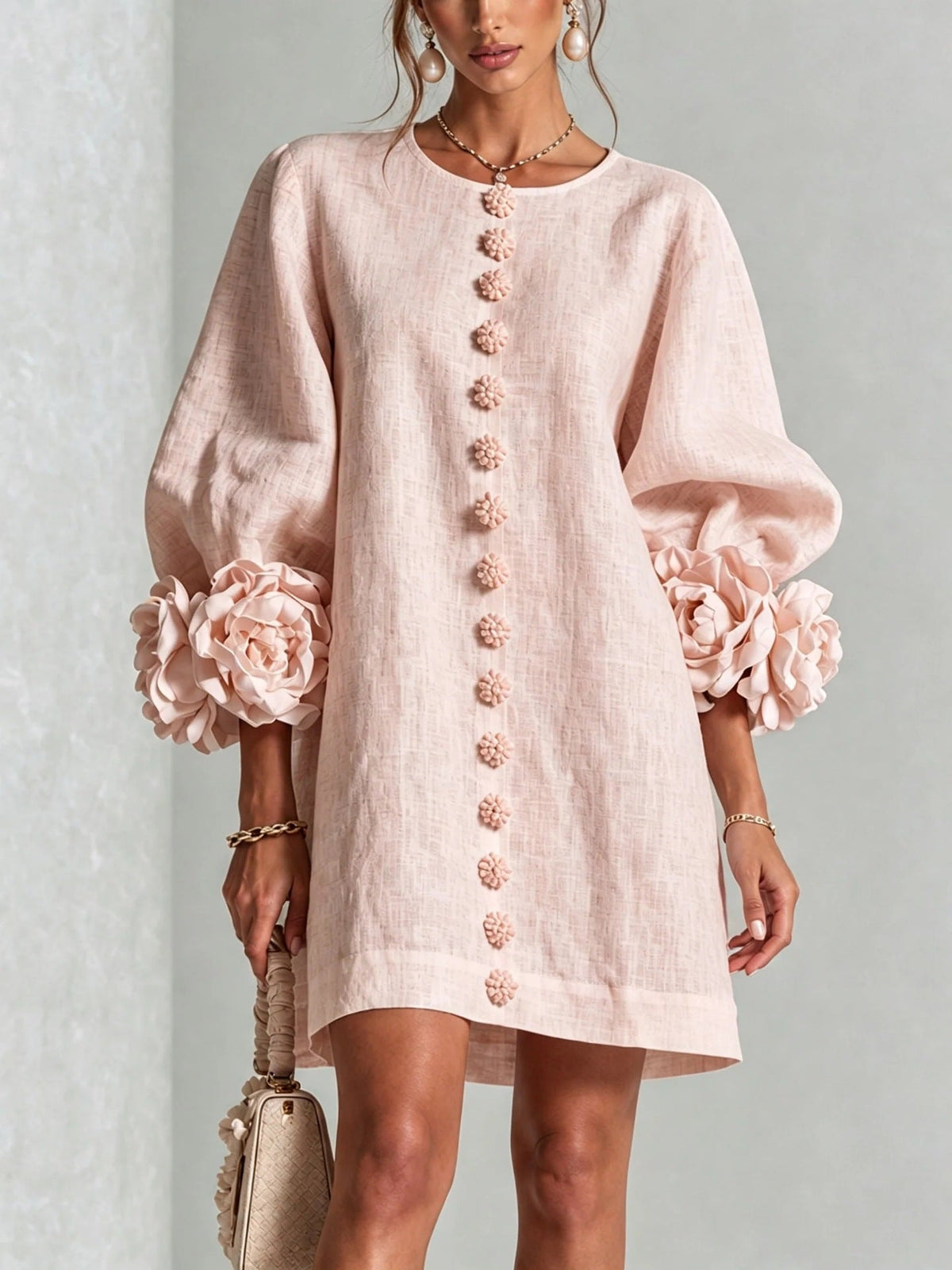 Robe à fleurs à manches ballon et col rond